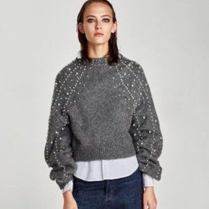Zara Cropped Faux Pearl Sweater